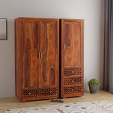 Monstro Solid Sheesham Wood Double Door Wardrobe Set (Natural Finish)